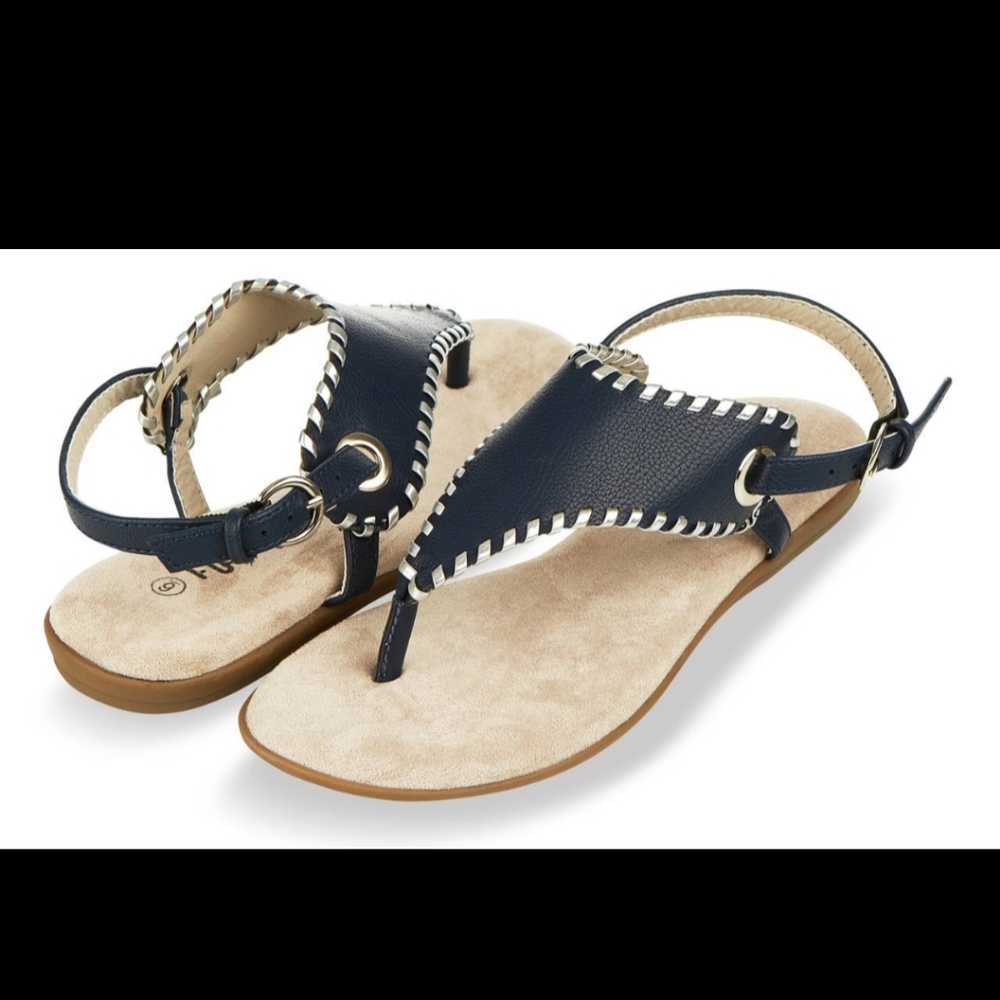 Women's Navy Flat Gladiator Thong Buckle Ankle Strap Sandals- 8M